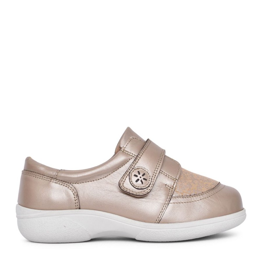 Ladies EASY B | Ladies Owl 6V Extra Wide Fit Velcro Shoe In Gold
